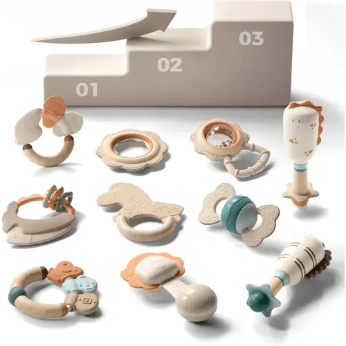 Evoceler Softness Staged Baby Teething Toys with Rattles for 0-6 Months (30° Super Soft, 50° Soft, 70° Regular) Teething Relief -10 Pcs Food-Grade Silicone Teethers for Babies 0-18+ Months, BPA Free