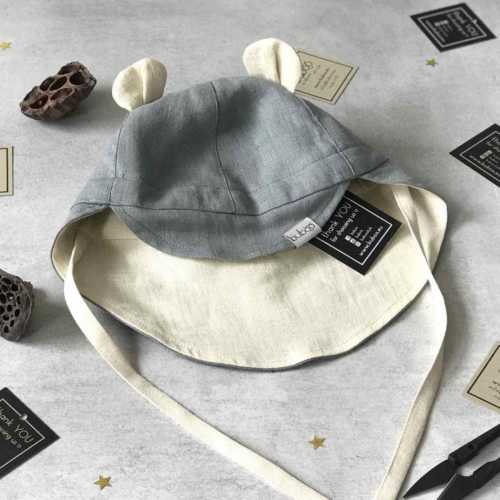 Bear Eared Linen Sun Hat for Kids, Adorable Toddler Summer Hat, Breathable Baby Hat with Animal Ears