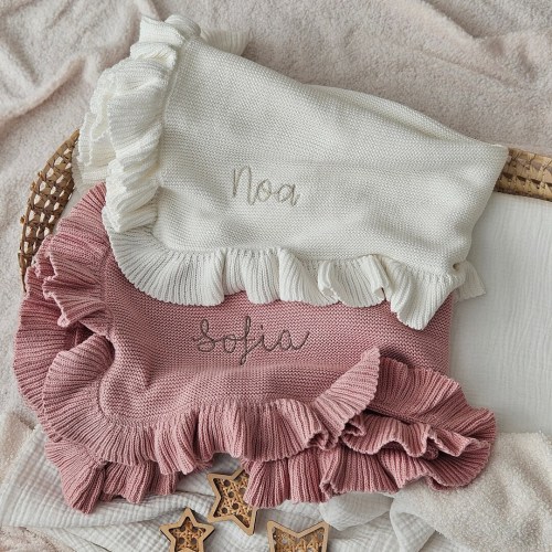 Personalised Knitted Frill Edge Baby Blanket | Pram Blanket | Organic Cotton Baby Blanket | Frill Blanket | Baby Shower Gift | New Baby Gift
