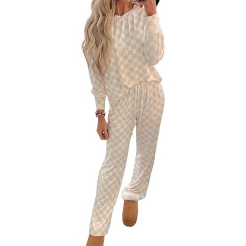 KevaMolly Womens Plaid Pajama Sets Checkered Print Long Sleeve Lace-up Loose Fit Lounge Set Long Sleeve Top and Pants