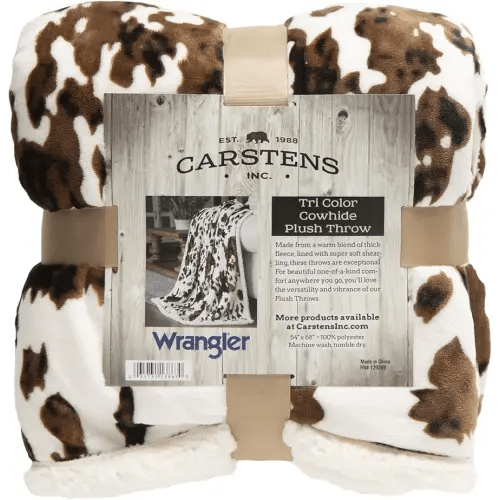 CARSTENS, INC. Wrangler Ultra Premium Super Soft Plush Sherpa Fleece Oversized Throw Blanket 54" x 68", Tri-Color Cowhide