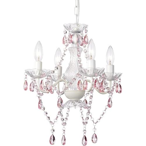 Pink Chandelier White Chandeliers Lighting with Acrylic Crystals Mini 4 Lights Pendant Light for Bedroom and Girls Room