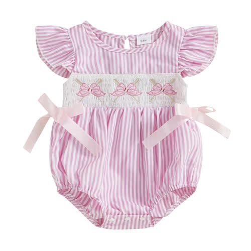Licupiee Infant Girl Smocked Baseball Romper Newborn Baby Summer Clothes Embroidery Bow Fly Sleeve Bodysuit Tops