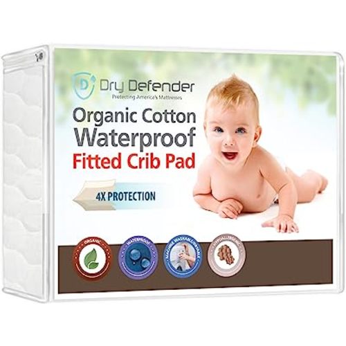 Organic Cotton Waterproof Fitted Crib Pad - Natural Baby Crib Mattress Cover & Protector - Unbleached, Non-Toxic & Hypoallergenic (28" x 52" x 7")