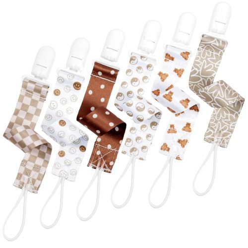 BUNNYBEE Neutral Pacifier Clip Set, 6 Pack Pacifier Holder Clip for Boys and Girls, Stylish and Practical Baby Binky Teethers, Baby Shower (Balanced Bears)
