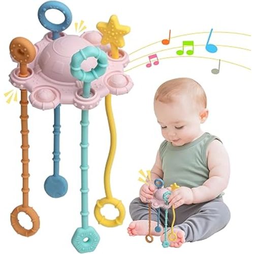 Montesorri-Toys - Pull String Toys for Baby - Made of 100% Food Grade Silicone with Built-in Rattle Function and Easy to Clean Design (Pink)
