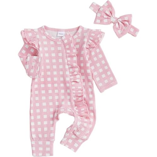 Baby Girl Coming Home Outfit Newborn Clothes Ribbed Ruffle Romper Long Sleeve Zipper Jumpsuit with Headband