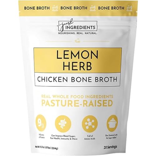 Just Ingredients Organic Chicken Broth Powder | 20 Servings | Lemon Herb Flavor | No Artificial Flavors, Dyes, or Preservatives | 9g of protein | Gluten Free