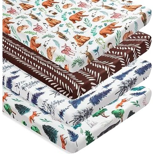 4 Pack N Play Sheets Woodland Forest Animals Wood Neutral Unisex Fitted Baby N Play Sheets Fitted for Standard Pack and Plays and Mini Cribs Set for Baby Boys or Girls