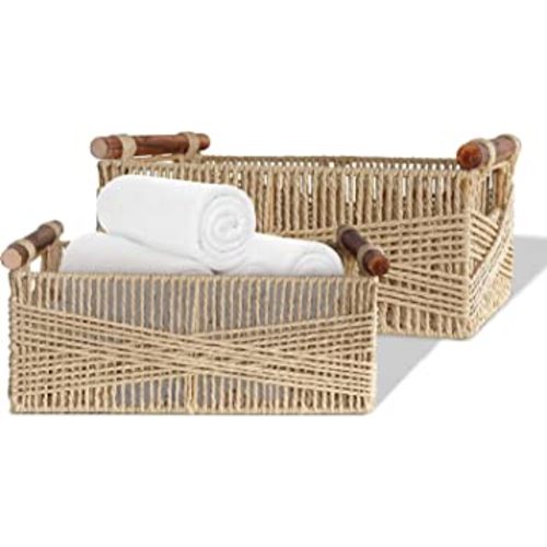 Duoer Round Paper Rope Storage Basket Wicker Baskets for Organizing with  Handle Decorative Storage Bins for Countertop Toilet Paper Storage Basket  for Toilet Tank Top Small Baskets Set(Set of 2,Brown)