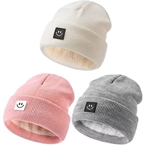 Baby Beanie Hat 3 Packs with Cute Smiley Face, Toddler Girls Boys Baby Hats Winter, Kids Winter Hat Cold Weather