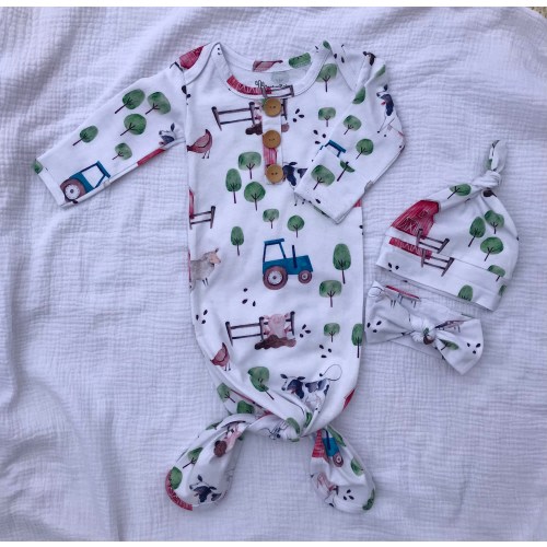FARM Organic Cotton Knotted Gown,0-3 months, Going Home Set, Shower Gift, New Baby, Gender Neutral