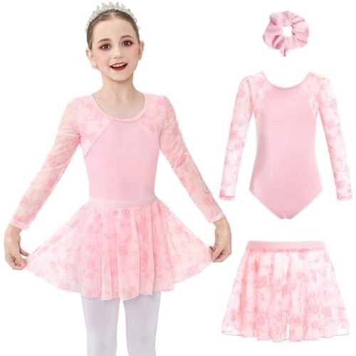 JiAmy Girls Ballet Leotards Long Sleeve Mesh Toddler Dance Leotard Dress Combo with Removable Skirt