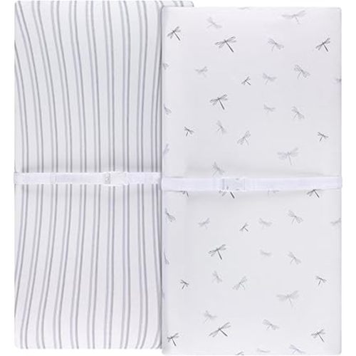 Ely's & Co. Changing Pad Cover - Cradle Sheet Set 2 Pack 100% Jersey Cotton for Baby Boy Blue Dragonflies + Stripes