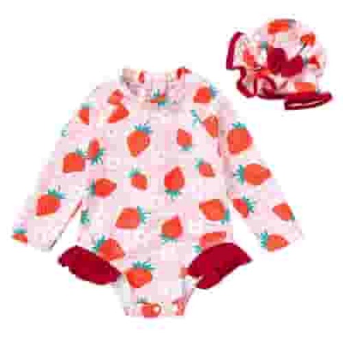 Younger Tree Infant Baby Girl One-Piece Swimsuit Long Sleeve Rash Guard Swimwear Hat Bathing Suit Set for 0-3 Months