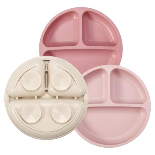 PandaEar 3 Pack Toddler Plates, Silicone Divided Suction Plate for Babies, BPA-Free 100% Food-Grade Silicone Unbreakable Baby Plate (Pink/Linen/Light Pink)