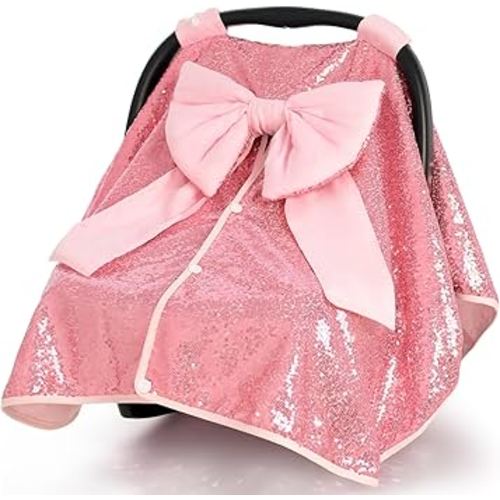 Baby Carseat Canopy Cover with Bow for Girls Boys with Bow Stroller and Cart Cover Carseat Nursing Cover Newborn Gift (Pink)