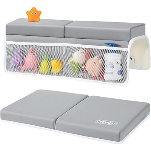 URMYWO Bath Kneeler and Elbow Rest Pad Set - 1.5" Thick Baby Bath Kneeler Pads with Toys Organizer, Anti-Slip Cozy Knee & Arm Support Bathtub Mat, Quick Dry Kneeling Pad for Baby Bath Time