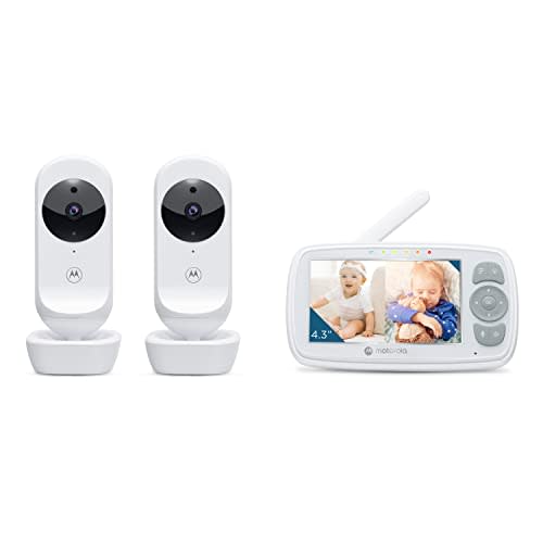 Motorola VM34 Video Baby Monitor W/2 Cameras, 1000ft Range no WiFi 2.4 GHz Wireless, 4.3" Split Screen, Two-Way Audio, Manual Pan/Tilt, Digital Zoom, Room Temp Sensor, Lullabies, Night Vision