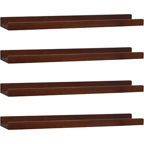 Long Floating Shelves With Lip,Picture Ledge Shelf Set of 4,Rustic Photo Frames Storage Display Wall Mounted for Living Room Bedroom Kitchen Kids Nursery,Home Office Decor (Dark Walnut, 24")