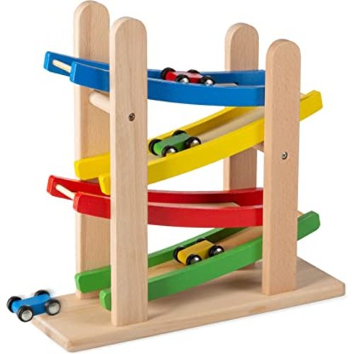Play22 Wooden Car Ramps - 4 Level Race Track With 4 Toy Cars - My First Baby Toys - Toddler Car Set is A Great Gift for Boys and Girls