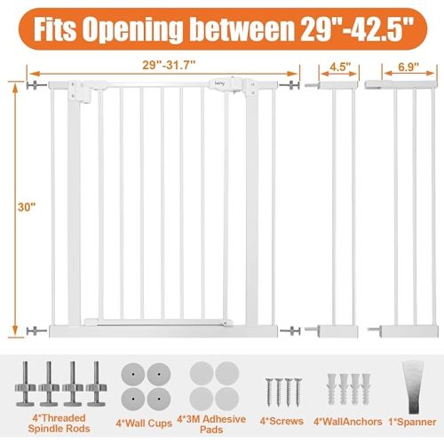 keny 29"-42.5" Baby Gate for Stairs, Auto Close Safety Dog Gate, Pressure Mounted Easy Walk Through Pet Gate for Doorways, Durable Stair Gate, 30" Tall, White