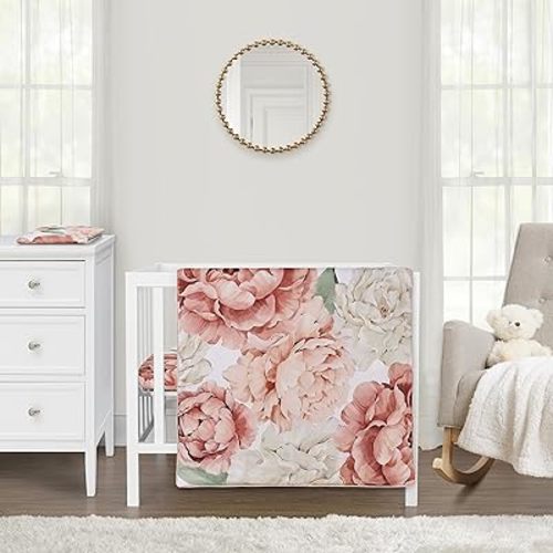 Sweet Jojo Designs Blush Pink Boho Shabby Chic Floral Girl Baby Mini Crib Bedding Set Infant Nursery Room Newborn Blanket Portable Pack n Play Sheets 3pc Off White Ivory Bohemian Vintage Watercolor