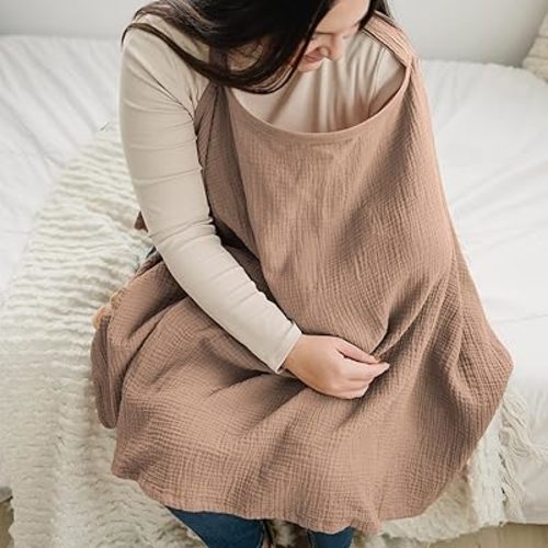 Konssy Muslin Nursing Cover for Baby Breastfeeding, Breathable 100% Cotton Breastfeeding Cover with Rigid Hoop for Mother Nursing Apron, Multi-use Carseat Canopy (Brown)