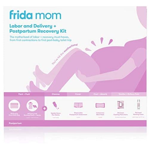 Frida Mom Hospital Packing Kit for Labor, Delivery, & Postpartum | Nursing Gown, Socks, Peri Bottle, Disposable Underwear, Ice Maxi Pads, Pad Liners, Perineal Foam, Toiletry Bag (15 Piece Gift Set)