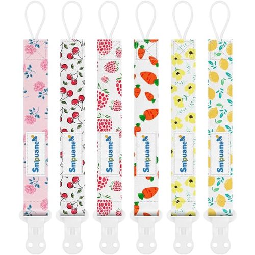 Smlpuame Pacifier Clip Girl,6 Pack Stylish Binky Clips Strap for Baby Girls,Paci Holder with Clip Lightweight Universal Fits Most Pacifiers Teether Toy Teething Ring Soothie,Baby Gift(Flower & Fruit)
