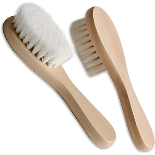 2 Pack Baby Hair Brush with Wooden Handle and Super Soft Goat Bristles for Newborns Toddlers