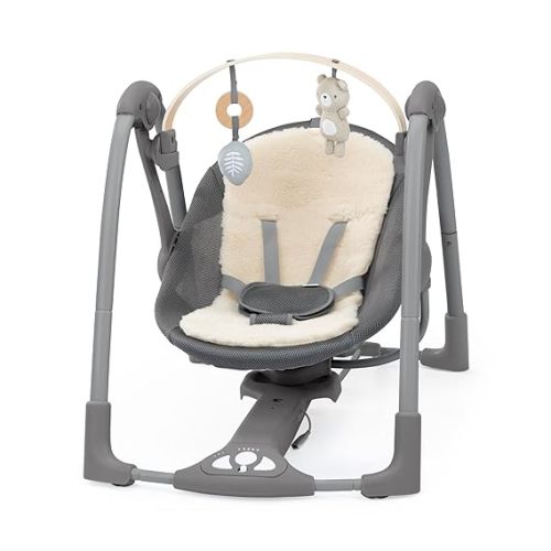 Ingenuity Every Season Portable Swing 'n Go - Cooling and Warming Fabrics, Detachable Sustainable Wooden Bar, Music, Motorized, for Ages 0-9 Months, Grey - Wesley