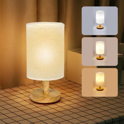 Bedside Table Lamp - Touch Control for Bedroom Wood 3 Way Dimmable Nightstand Lamp with Round Flaxen Fabric Shade for Living Room, Dorm, Home Office (LED Bulb Included)
