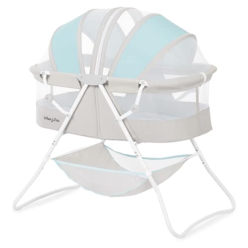 Dream On Me Karley Bassinet in Blue & Grey, Lightweight Portable Baby Bassinet, Quick Fold and Easy to Carry , Adjustable Double Canopy, Indoor and Outdoor Bassinet with Large Storage Basket.