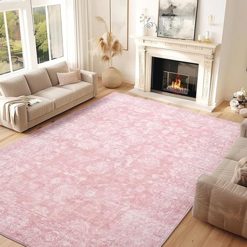 FROZZUR Boho Pink Area Rug 6x9 Large Vintage Rug for Living Room Bedroom Dining Table, Non Slip Distressed Washable Rugs for Home Office Decor Pink
