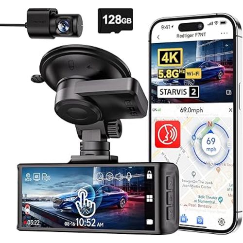 REDTIGER 4K Dash Cam Front and Rear, STARVIS 2 Sensor, Touch Screen 3.18", 128GB Card Included, Voice Control, 5.8GHz WiFi Car Dash Camera, GPS, Night Vision, Emergency Lock, Parking Mode (F7N Touch)