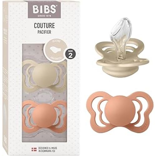 BIBS Couture Baby Pacifier 2-Pack | Made in Denmark | BPA Free Dummy Soother, Anatomical Nipple. Silicone, Size 2 (6-18 Months), Vanilla/Peach