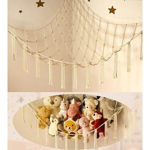 Stuffed Animal Storage Hammock or Net Corner - Large Toy Hammock Net for Stuffed Animals Room Decor - Cute Stuff Animal Organizer Holder for Plush Plushie - Kids Baby Nursery Wall Bedroom Home Decor