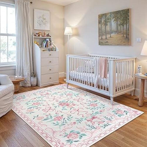 Collive Pink Rugs for Bedroom Girls, 4x6 Floral Washable Area Rug Non Slip, Soft Indoor Decor Elegant Carpet for Kids Room Nursery Living Room Dining Room (Pink 4' x 6')