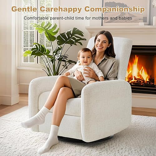 Electric Power Recliner Chair Glider Sofa, Swivel Rocking Recliner Chair for Adults with USB&USB-C Ports, Nursery Living Room Chairs (Beige White)