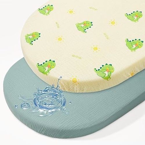 Baby Bassinet Sheets TPU Waterproof 2 Pack Soft Muslin Bedside Bassinet Mattress Sheets with Bottom Elastic Band for Baby Boy Girls Unisex Fit Hourglass Oval and Rectangle, Green Dinosaur