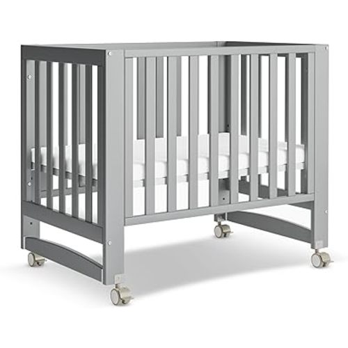 EvoNest Baby Crib, 6 in 1 Convertible Mini Crib with Wheels, 100% New Zealand Wood Growing Bed, 4 Adjustable Mattress Height，Grey