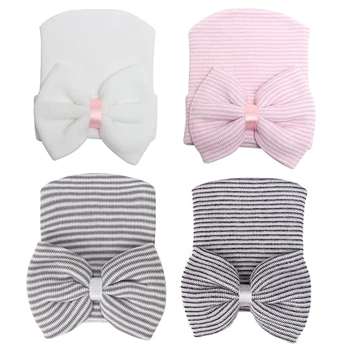 DRESHOW BQUBO 4 Pack Newborn Hospital Hat Infant Baby Hat Cap with Big Bow Soft Cute Knot Nursery Beanie