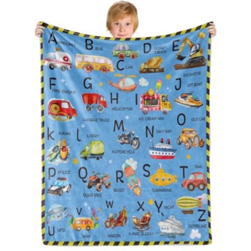 Kainsy Vehicles Alphabet Throw Blanket for Kids, ABC Letters Car Blanket for Boys, Alphabet Learning Gifts Blanket for Boys Girls, Baby Toddlers Cartoon Trucks ABC Alphabet Blanket(30"x40")