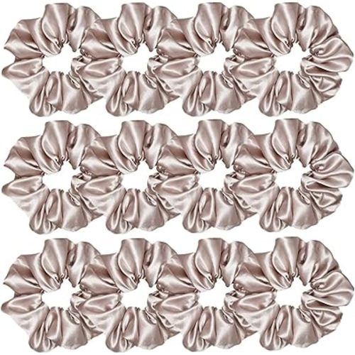 12 Pcs Satin Silk Scrunchies, Soft Hair Ties, Fashion Bands, Bows, Ropes, Elastic Bracelets, Ponytail Holders, Hair Accessories for Women and Girls (4.5 Inch, Champagne)