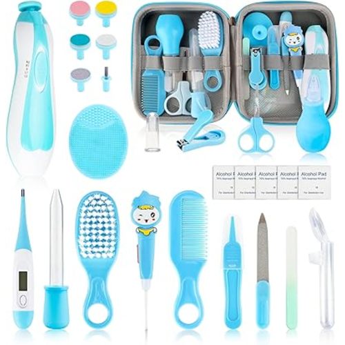 Baby Healthcare and Grooming Kit, 27pcs Baby Electric Nail Trimmer Set Newborn Nursery Health Care Set for Newborn Infant Toddlers Baby Boys Girls Kids Haircut Tools (Pink) (27 Kits Blue)