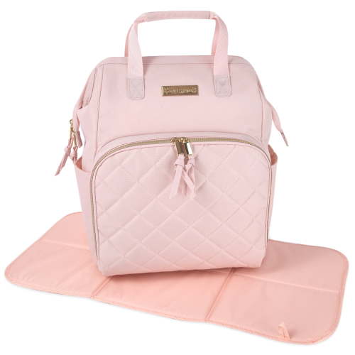 Baby Essentials Super Cooler Main Frame Dual Zipper Closure Diaper Bag Backpack Tote with Matching 6-Ply Changing Pad, Insulated Bottle Pockets, Stroller Straps and Pacifier Pouch in Mauve Pink