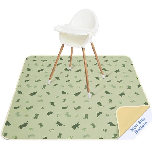 Basumee Splat Mat High Chair Mat Waterproof Baby Play Splat Mat for Under High Chair Food Catcher Highchair Mat for Floor Non Slip Bottom, Light Green Dinosaur, 46x42 Inches