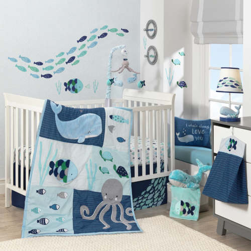 Oceania Blue/Gray/White Whale with Octopus and Fish Nautical Ocean 6-Piece Nursery Baby Crib Bedding Set – Lambs & Ivy