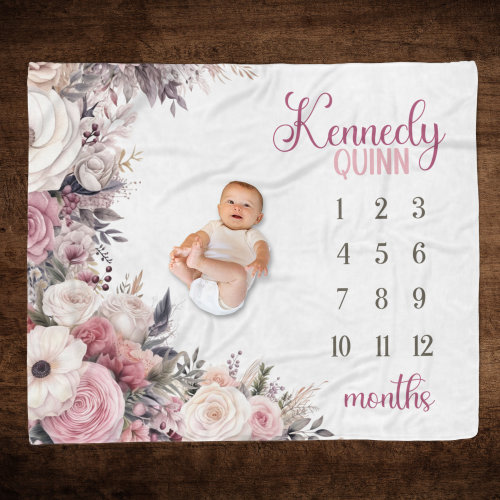 PERSONALIZED ROSE MILESTONE Blanket, Baby Girl Growth Blanket, Pink Purple Floral Milestone, Month Blanket Baby Girl, Baby Milestone Blanket
